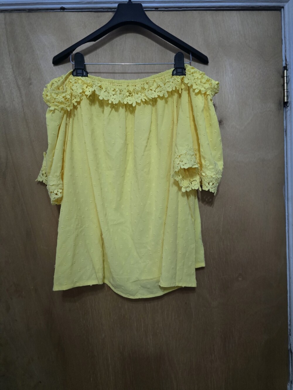 SHEIN Yellow Off-Shoulder Floral Lace Trim Blouse